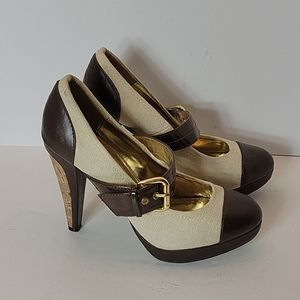 Charles David Pin Up Shoes Brown & Cream Mary Jane Cork High Heels 8.5